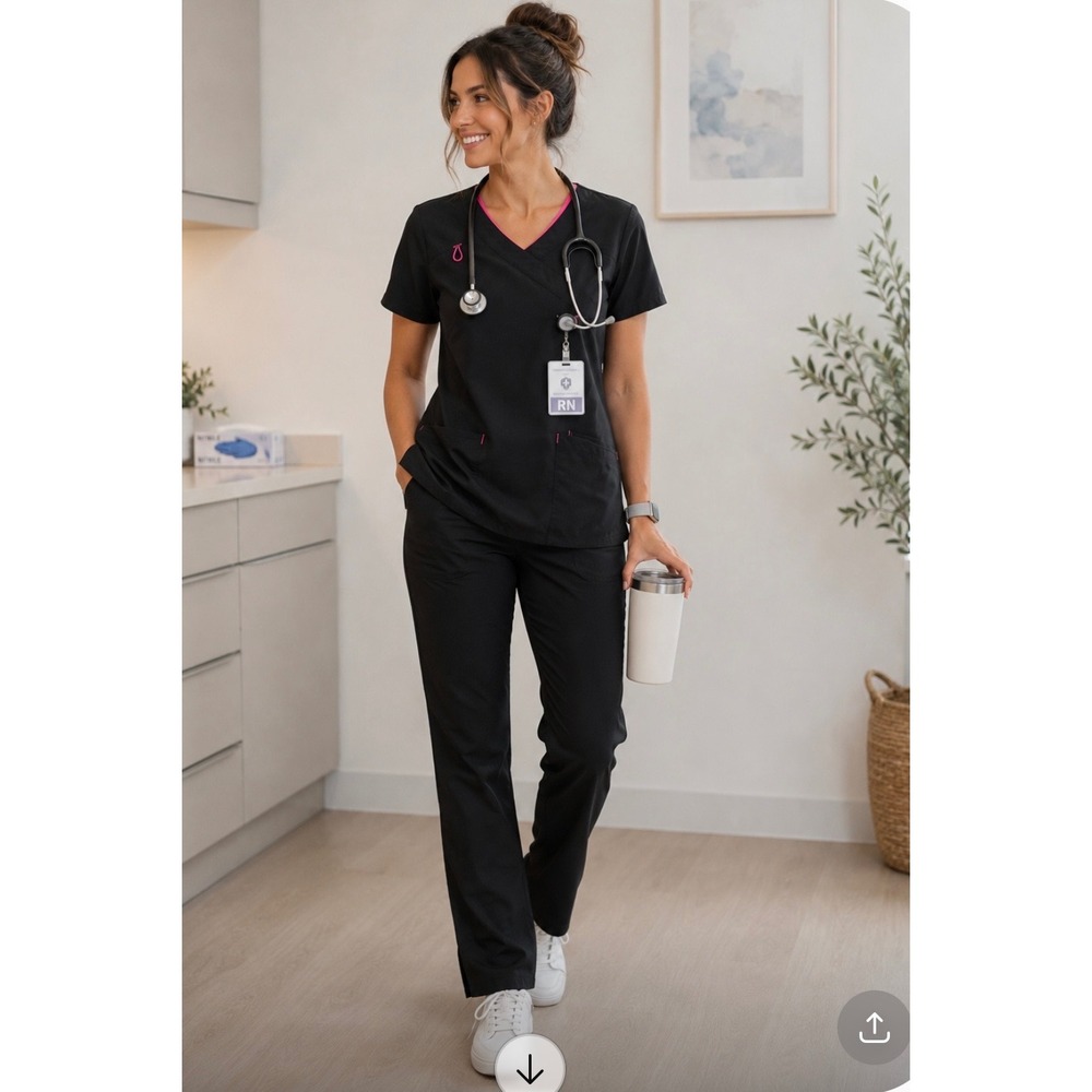 Scrubstar Premium Women Black Pink Mock Wrap Scrub Set Top L and Pants  M
